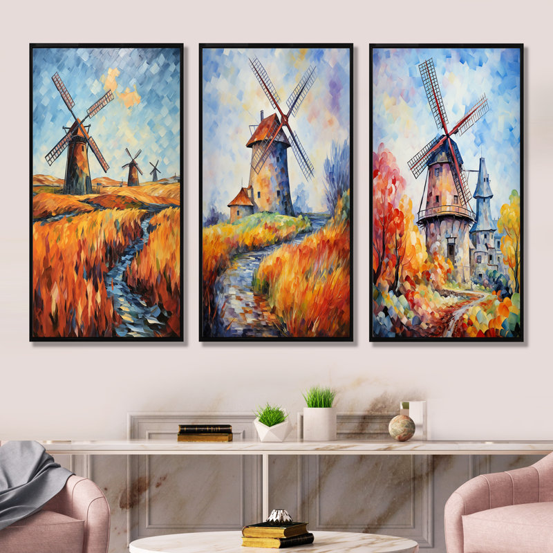 Fauvist Windmill Meadows I - Ensemble de 3 décorations murales d'éoliennes, H 28 po x l 36 po, Cadre flottant noir