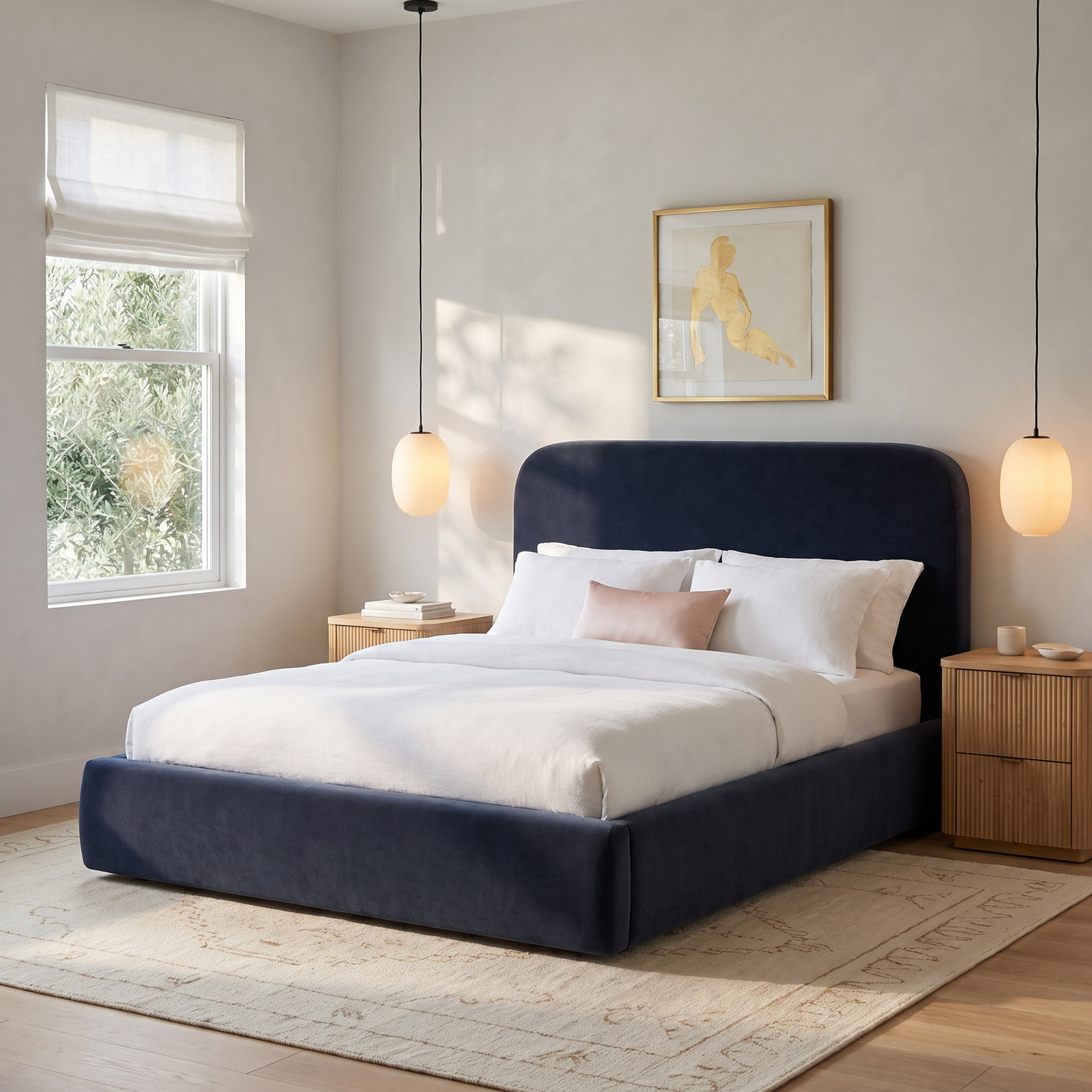 Linen Upholstered Bed, King, Ocean Performance Velvet