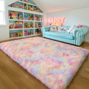 Thick Area Rug 5x8 Unicorn Fluffy Shag for Bedroom, Rainbow Soft Fuzzy Furry Shaggy Pastel Rug for Living Room,Thickened Washable Non Slip Princess Kids Nursery Dorm Room Carpets