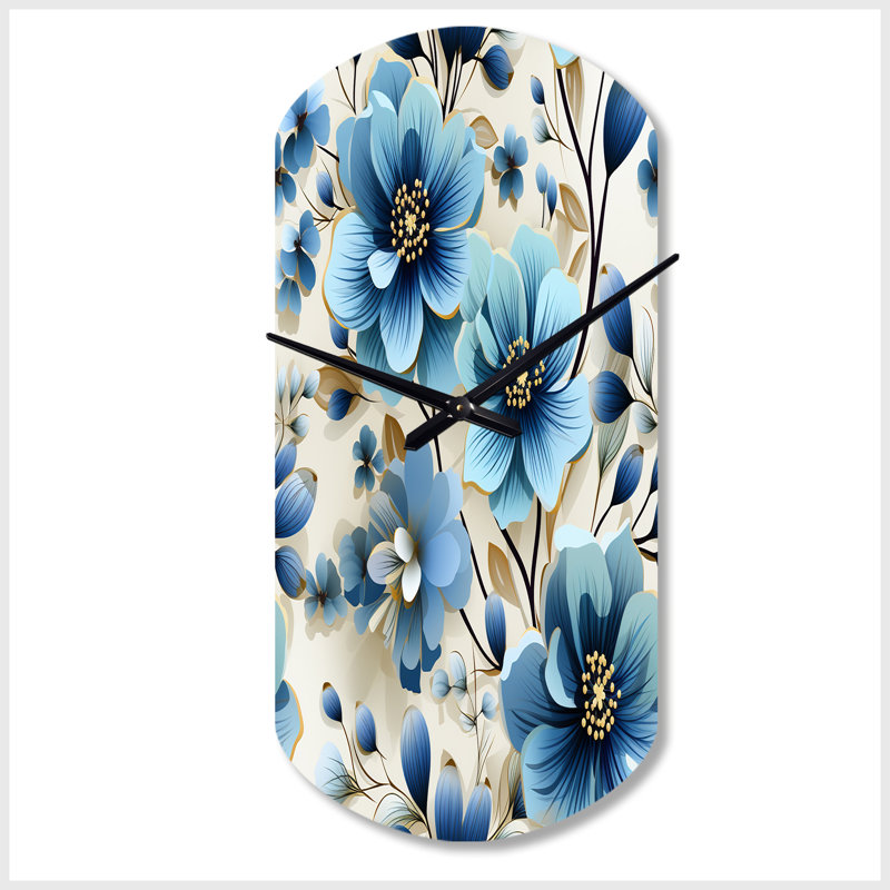 Motif floral bleu côtier élégance - horloge murale asymétrique florale en métal, horloge murale chalet, Grand