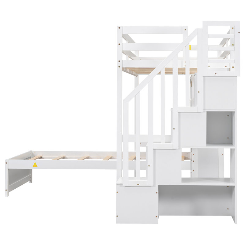 Lit mezzanine simple au-dessus blanc avec bureau, tablette de rangement et escalier avec escalier, bureau et option