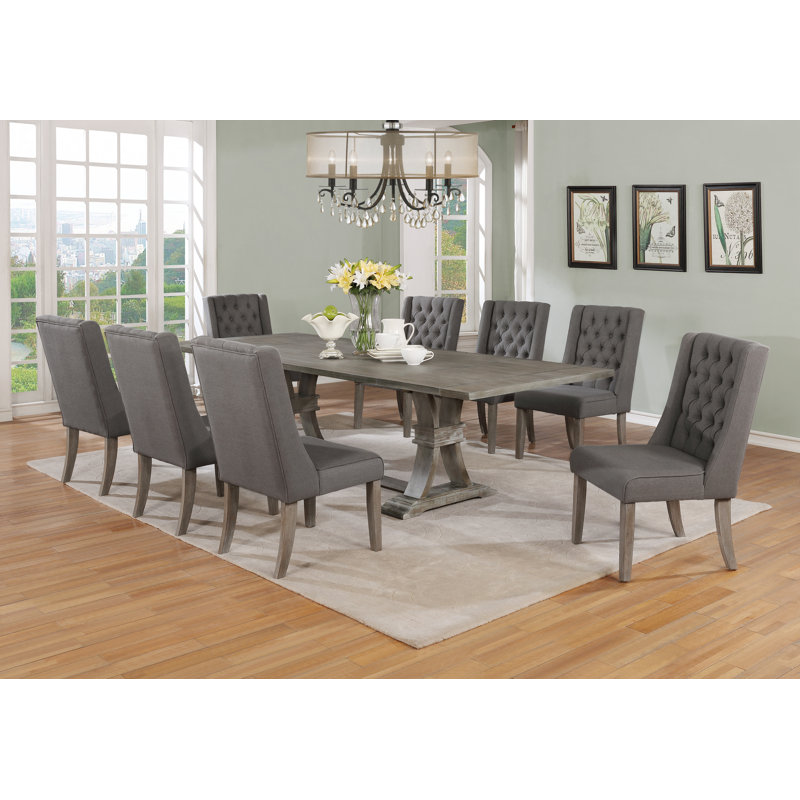 Dions Extendable 72" to 104" Table with Rustic Wood Dining Set and Linen Tufted Chairs, 9, Beige , Natural Rustic