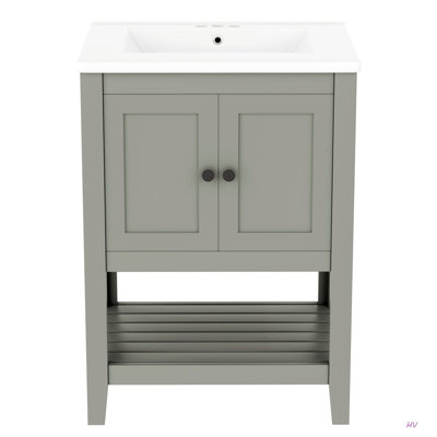 Lavabo de salle de bain moderne élégant en céramique 24 po avec tablette ouverte en bois massif
