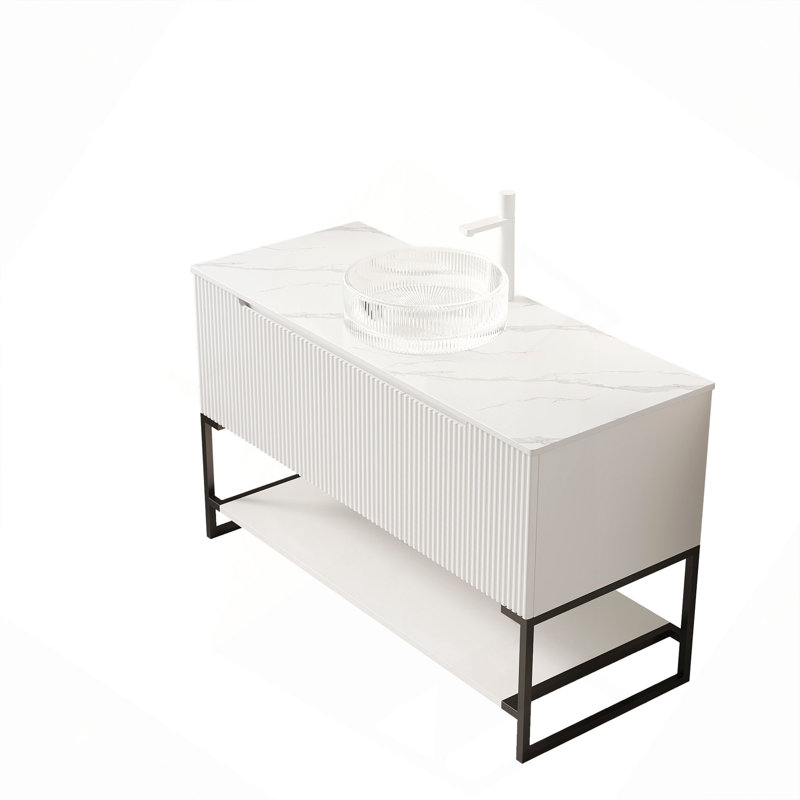 Meuble-lavabo 48 po, meuble de rangement autoportant avec 3 portes et tablette ouverte, lavabo rond en verre transparent et plateau en pierre frittée Carrara