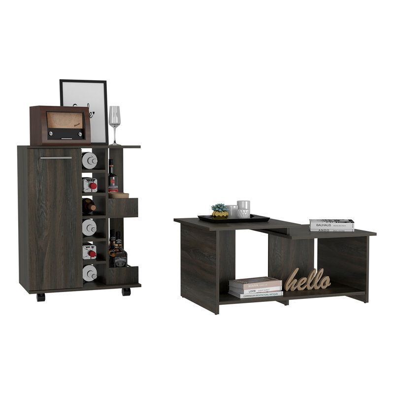 Picotte  2-Piece Living Room Set with Bar Cart and Coffee Table, Espresso