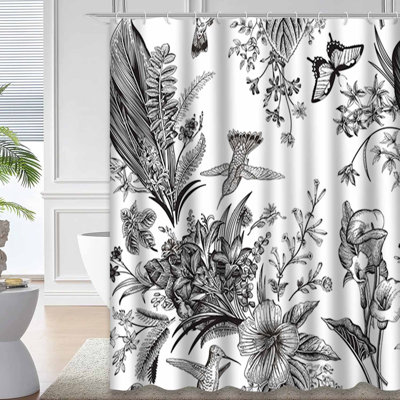 Rideau de douche imperméable à motif floral avec 12 crochets