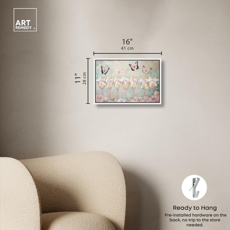 «Champagne Mint and Pink Glass Collection», art mural sur toile , H 11 po x l 16 po, Cadre flottant blanc