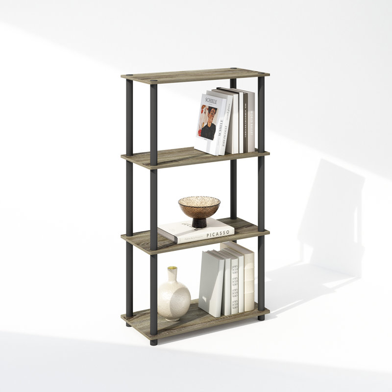 Turn-N-Tube Book Shelf, 4-Tier Bookshelf, Bookcase with Multipurpose Compact Display Rack, 11.6 x 23.6 x 43.2, for Living Room, Bedroom, Home Office, French Oak/Black