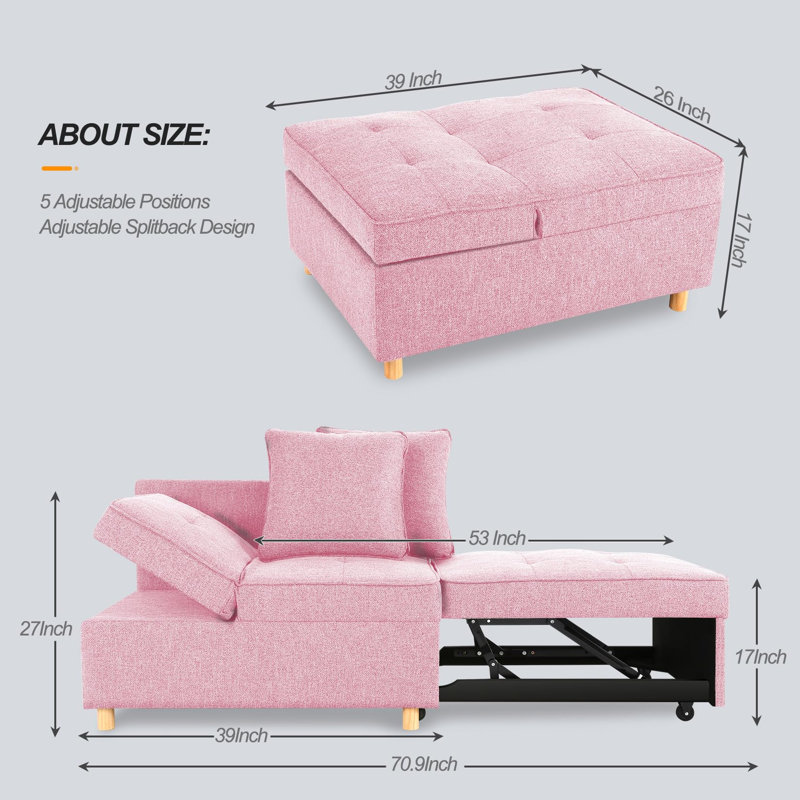 Acklen 70.8" Linen Armless Sofa Bed, Pink