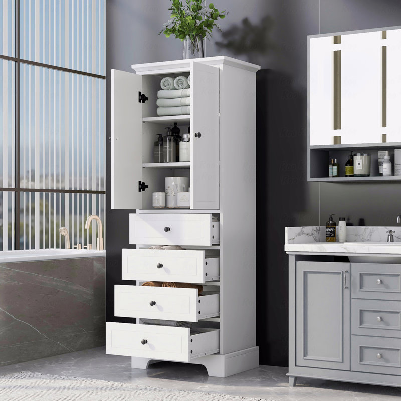Armoire de rangement avec 2 portes et 4 tiroirs pour salle de bain, bureau, tablettes réglables, panneau de fibres à densité moyenne avec finition peinte