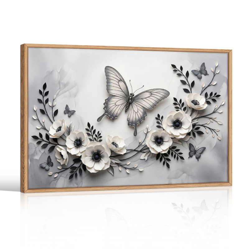 Ensemble de 1 tableau mural sur toile à motif floral papillon, H 18 po x l 24 po, Natural