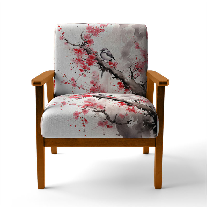 Japan Garden Bird On Tree - Velvet Upholstered Japanese Accent Arm Chair, Brown Square Arms