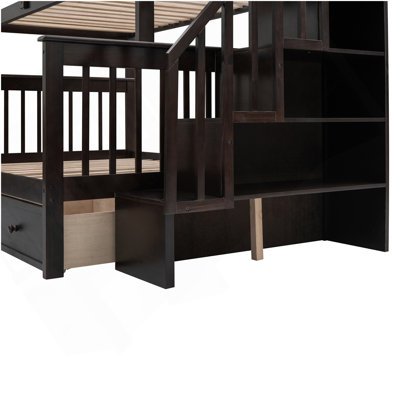 Lit superposé simple au-dessus d'un lit double avec tiroir, escalier et rangement pour chambre à coucher, dortoir, pour adultes, couleur espresso