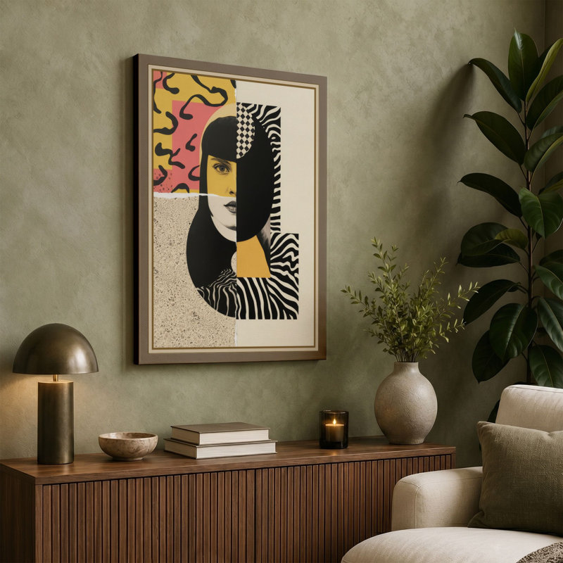 Geometric Face Art Deco - Wrapped Canvas, 36x24 - 91.4 x 61.0 cm, Ochre Border