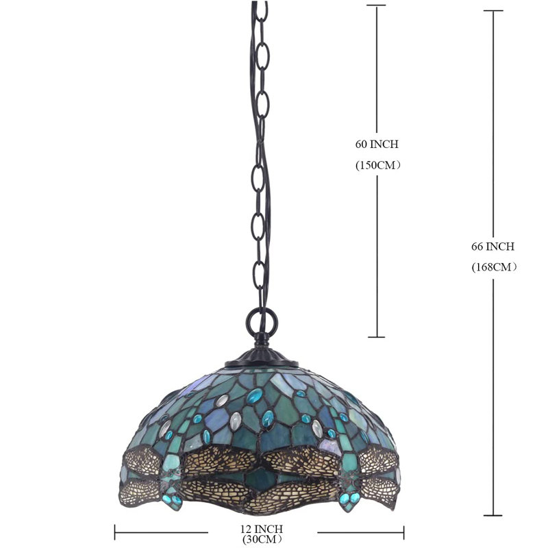 Sea Blue Stained Glass Dragonfly Pendant Lamp with LED Bulb