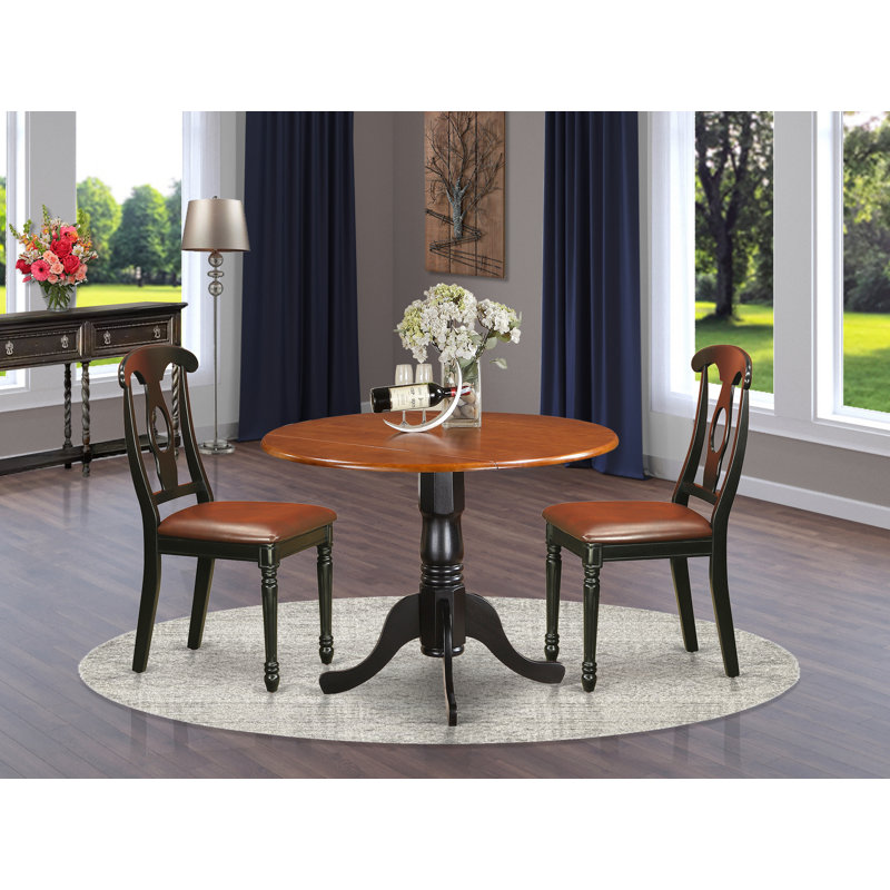 L'ensemble de 3 tables de salle à manger modernes comprend une table ronde en bois avec Dropleaf et 2 chaises de cuisine en similicuir de 42 po x 42 po, noir et cerise