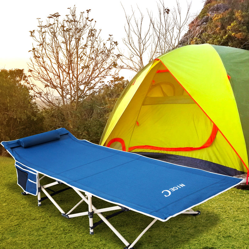 MUKE Extra Wide Folding Camping Cots for Adults – Holds 500 lbs, w/ Pillow, Bag & Pocket (Set of 2, Grey), Blue