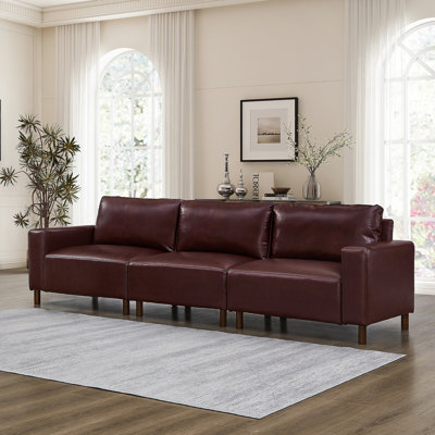 112" 3-Seat PU Leather Sofa With Solid Wood Legs For Living Room & Apartment