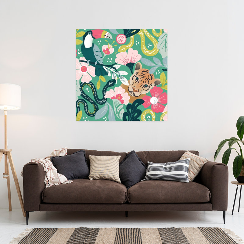 Lush Life, motif abstrait, oiseau, chat, serpent, fleur tropicale, art, H 36 po x l 36 po