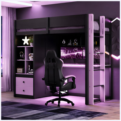 Lit mezzanine simple en bois massif avec bureau, armoire de rangement et garde-robe, bande lumineuse DEL Smart APP et ports USB, noir et bleu