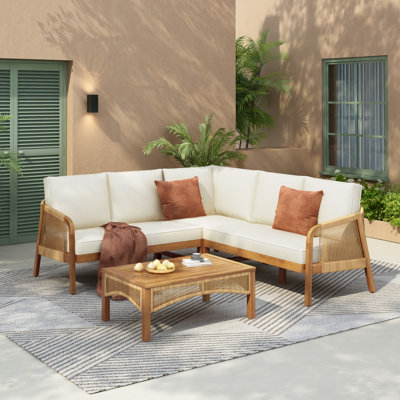Ernesto 4-Piece Coastal Boho Acacia Wood Outdoor Conversation Set With Cushions by Bay Isle Home