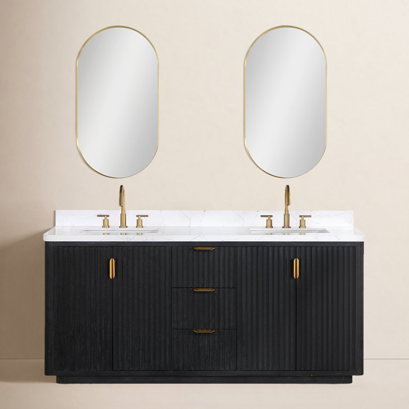 Ensemble de meuble-lavabo double 72 "avec miroir, Noir, noir, noir, noir, Blanc, Doré