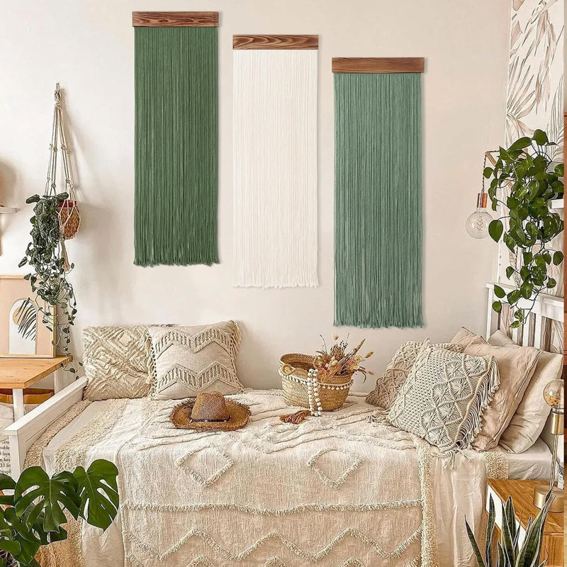 Macramé, décoration murale boho chic, 3 pièces Bohème vert beige, gland, tapisserie, décorations murales modernes, faites à la main