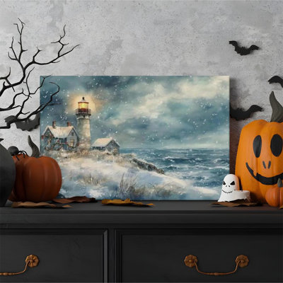 1pc Framed Broxton Painting Lighthouse Snow Scene, Christmas Decorated Cottage, Watercolor Realistic Style Decor Print Vintage Wall Poster Home Decor