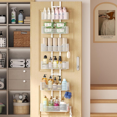 Organisateur de porte réglable au-dessus de la porte, organisateur de porte à suspendre en métal avec 6 paniers et 5 crochets, rangement derrière la porte pour armoire de cuisine garde-manger, blanc