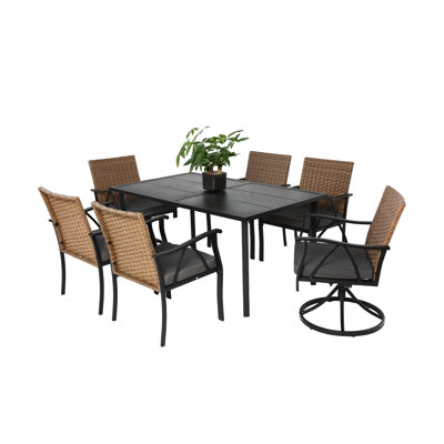 7 Piece Patio Dining Set, Outdoor Wicker Furniture Set For Backyard Garden Deck Poolside With 2 Cushions Swivel Rocker Chairs, 4 Cushions Chairs,Table Top, Removable Cushions