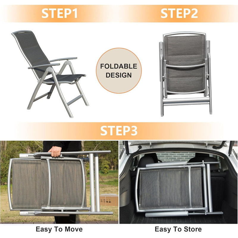 Ensemble de 2 chaises de patio pliantes pour l'extérieur, inclinables en aluminium pour le jardin, le camping et la piscine, dossier haut réglable avec siège rembourré doux, gris foncé