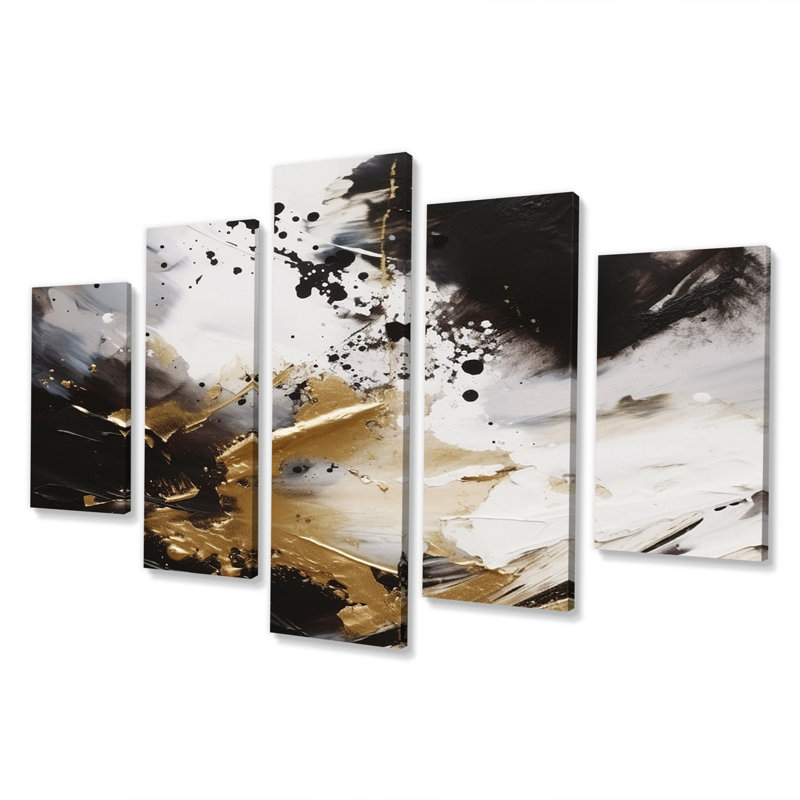 River Happiness Abstract Gold Black III - Art mural abstrait sur toile - 5 panneaux