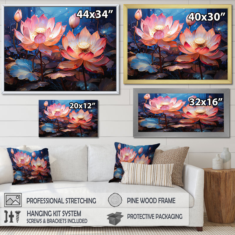 Bliss Unveile Lotus I - impressions sur toile de lotus, Cadre doré simple, H 24 po x l 32 po x P 1 po