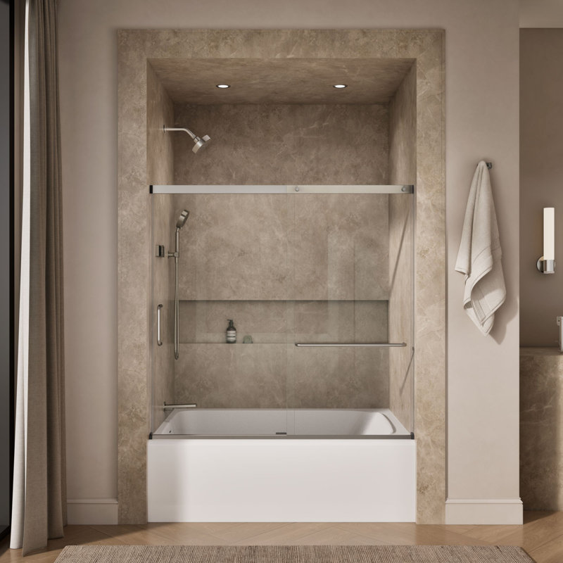 Elate Sliding Bath Door, 56-3/4-In H X 56-1/4 - 59-5/8-In W, With 1/4-In Thick Crystal Clear Glass, Nickel/Clear