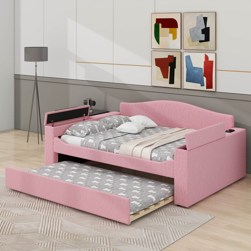 Lit de jour rembourré avec couchette, Lit double, Rose