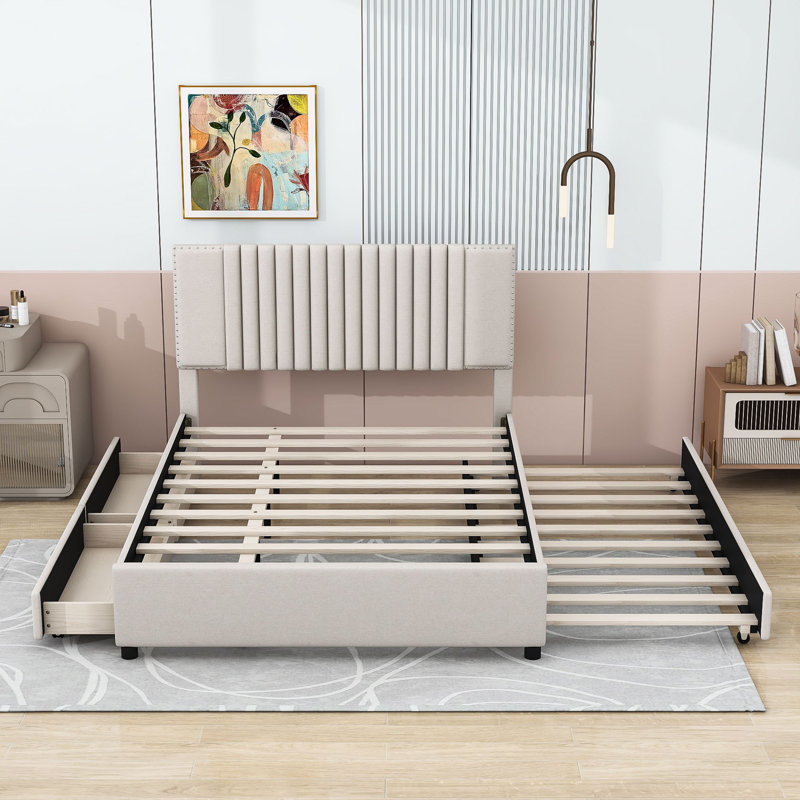 Lit plateforme avec rangement Lafonya, Double, Beige