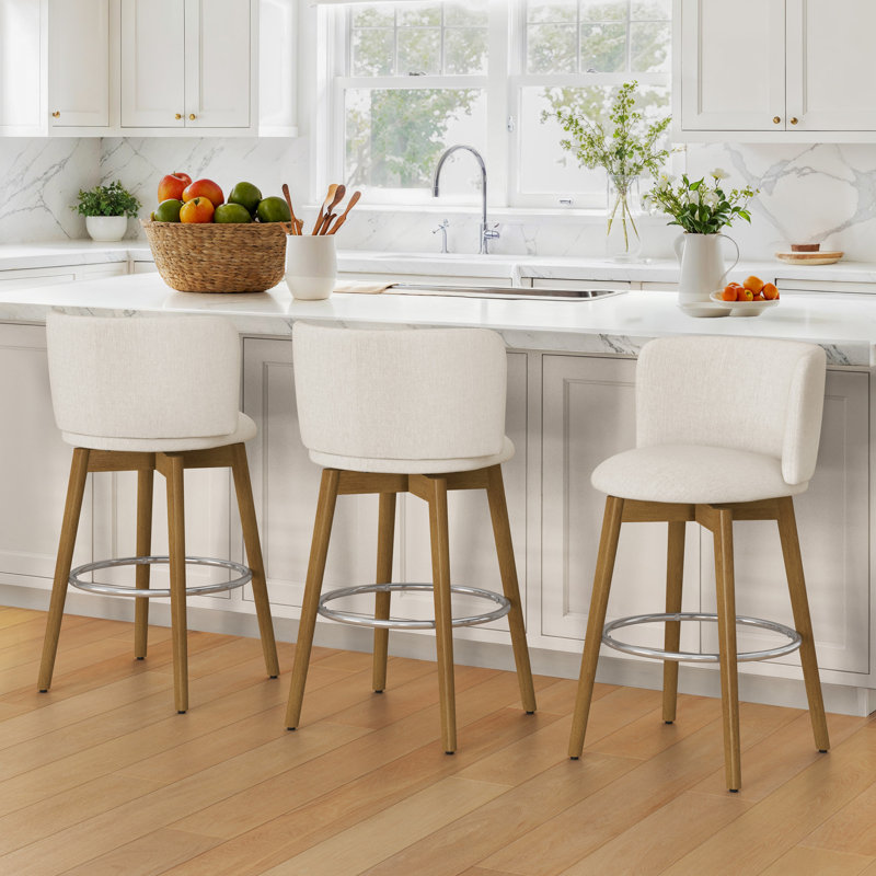 26'' Swivel Bar Stool - Fabric, Beige Fabric Seat/Natural Frame