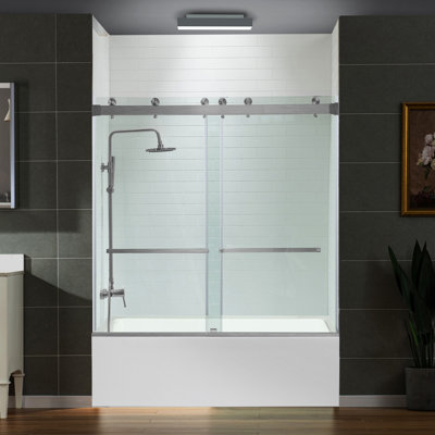 Portes de baignoire sans cadre de 56 à 60 po de largeur x 66 po de hauteur avec verre trempé transparent de 5/16 po (8 mm), double coulissement avec bandes d'étanchéité latérales