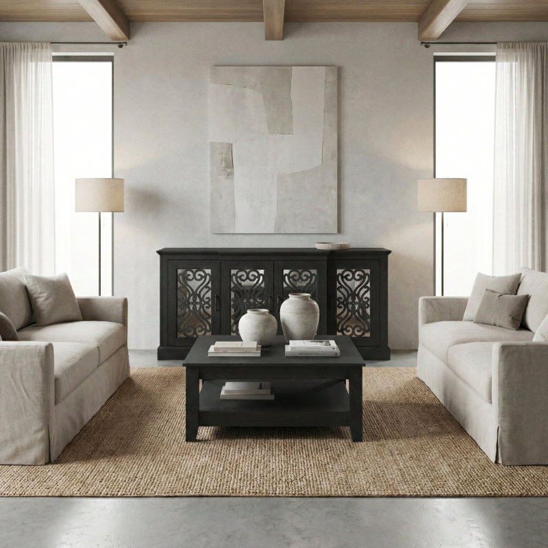 Weddel Basilico 2 Piece Modern Sideboard And Coffee Table Living Room Set, Black Oak, Black Oak