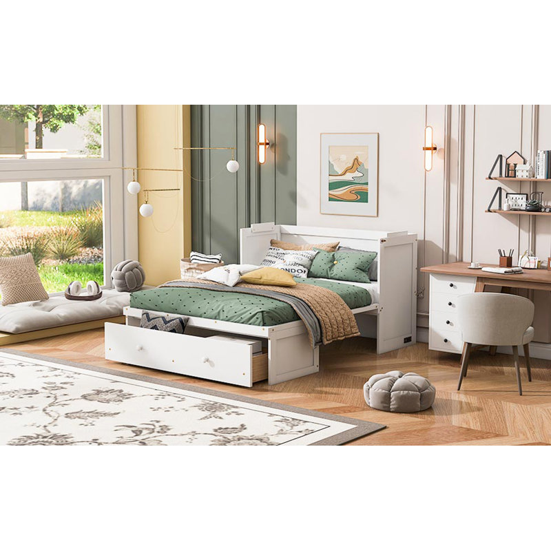 Lit escamotable double avec port USB et grand tiroir, Lit double, Blanc