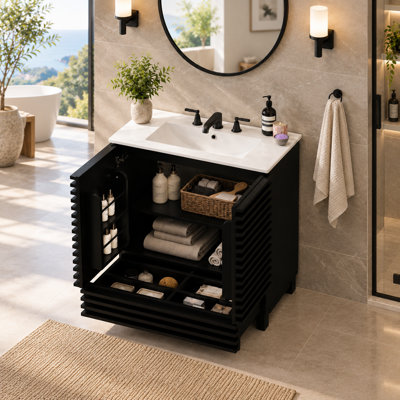 Meuble-lavabo 30,93 po avec lavabo en céramique, portes cannelées et séparateur de tiroir amovible