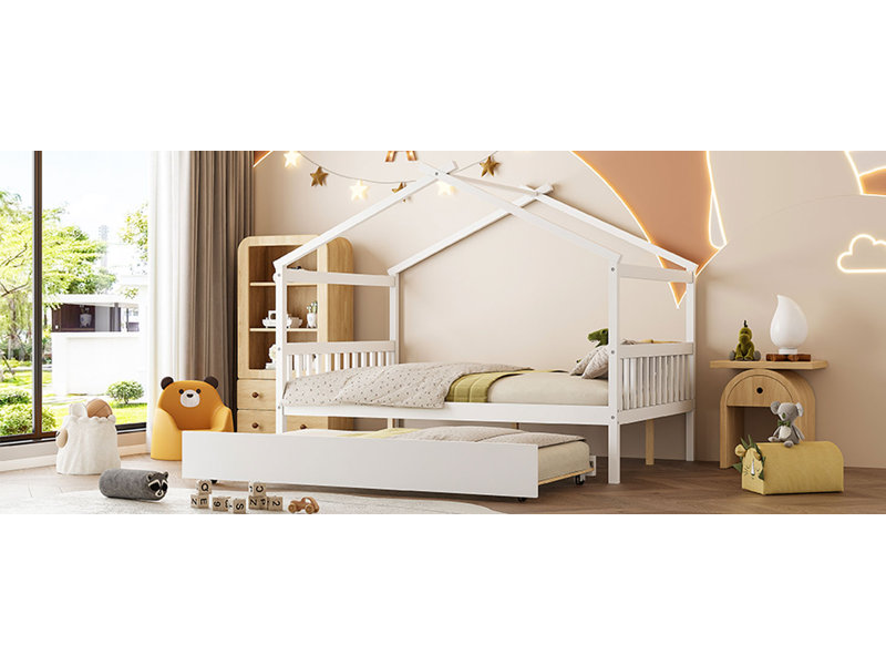 Lit double en bois avec lit gigogne simple, blanc, Blanc, Lit double