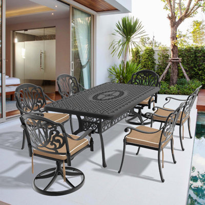 Ensemble de salle à manger 7 pièces en fonte d'aluminium avec structure noire 7 pièces, comprenant 2 chaises pivotantes, 4 chaises et une table rectangulaire