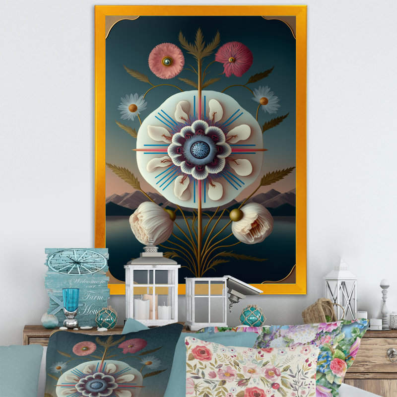 «Blossoming Geometric Flower Art III», décoration murale florale, H 24 po x l 32 po x P 1 po, Cadre doré à coins fermés