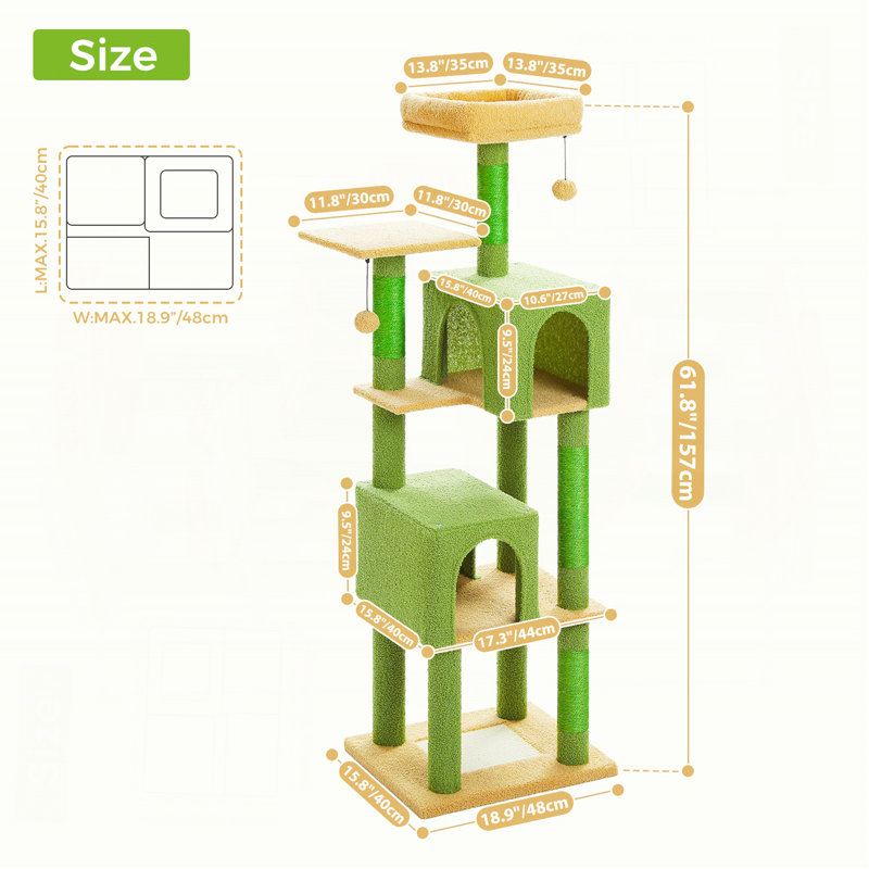 Arbre à chat pour chats d'intérieur, tour de chat à plusieurs niveaux de 62 po avec 2 condos spacieux, patin à gratter, 4 poteaux à griffer, 2 perchoirs, 2 pompons