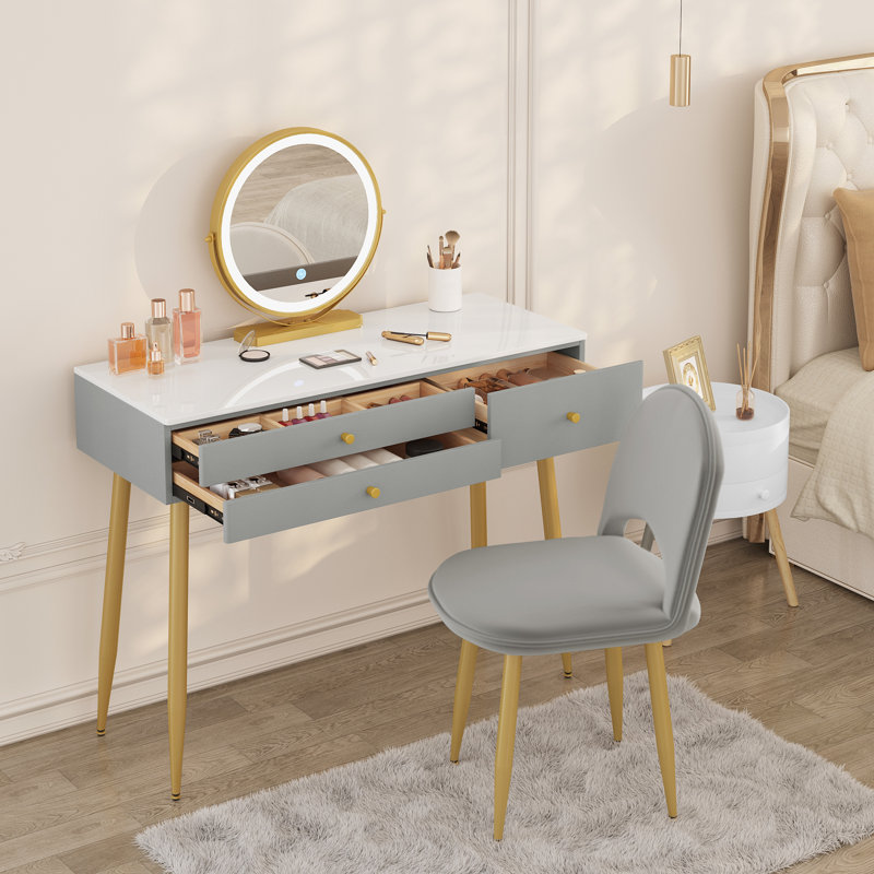 Etchemin Dressing Table with Mirror, Grey/Gold