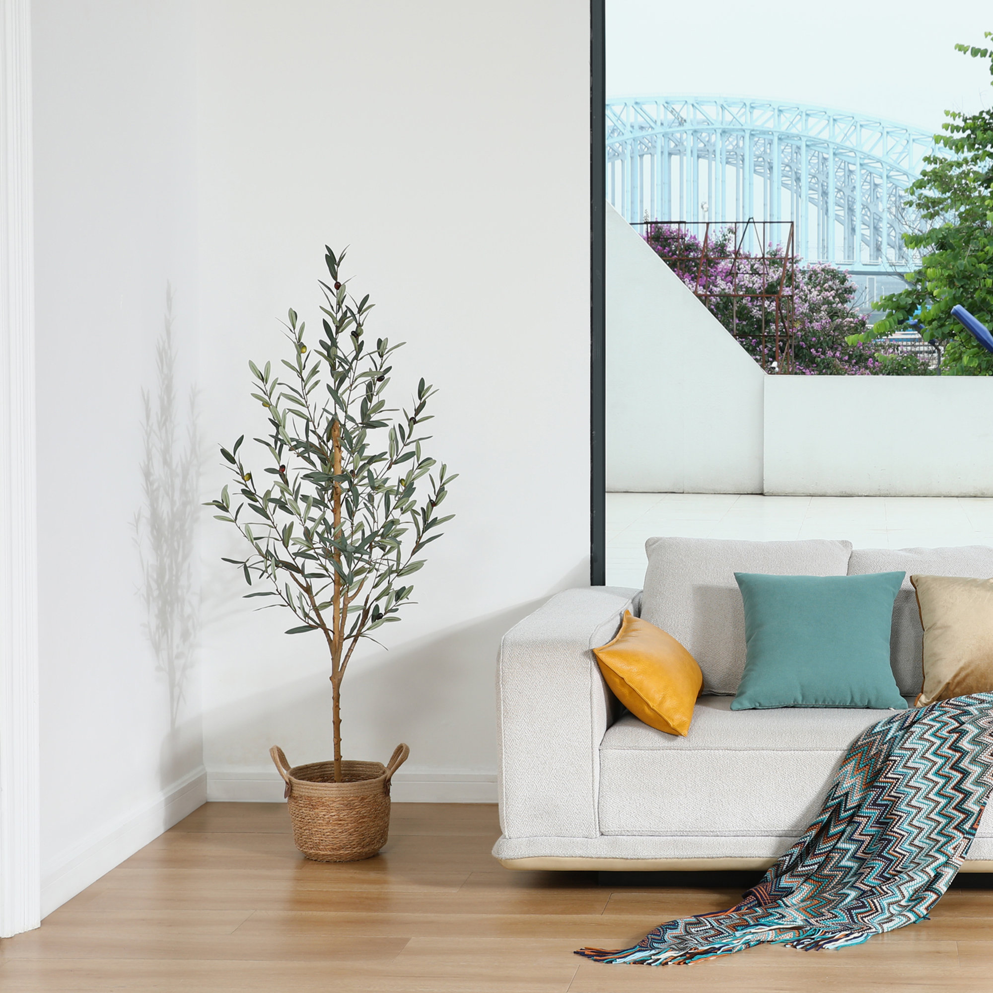 Adcock Artificial Olive Plants with Realistic Leaves and Natural Trunk, Fake Potted Tree Home Decor, 60" H x 20" W x 20" D