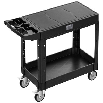 Chariot utilitaire, capacité de charge de 550 lb, chariot de service 31,3 x 17,7 pouces, chariot utilitaire en plastique robuste à deux tablettes avec roues pivotantes à 360 ° (2 avec freins), adapté pour l'entrepôt, le garage, le nettoyage