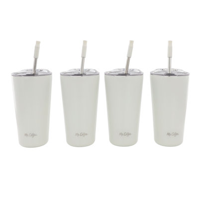 Ensemble de 4 pièces Mr. Coffee : gobelet isotherme à double paroi en acier inoxydable blanc de 473 ml (16 oz) avec paille en acier inoxydable.