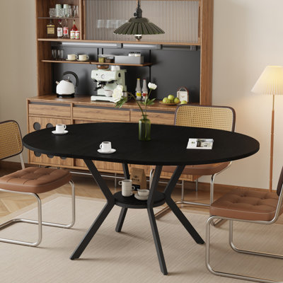 42.5-58.2 Inch Emboss Black Extendable Round Dining Table With Storage Shelf For 4-6 People